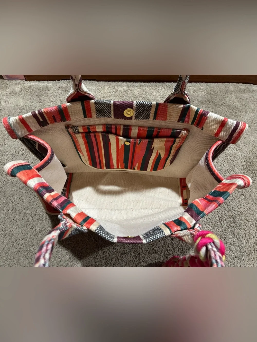 Vince Camuto Orla Cotton Canvas Stripe Large Tassel Tote Bag Pink Multi - Picture 7 of 16